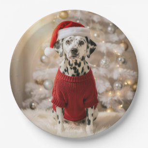 Prato De Papel Cão Dalmata Vestindo uma Suéter Vermelha de Natal
