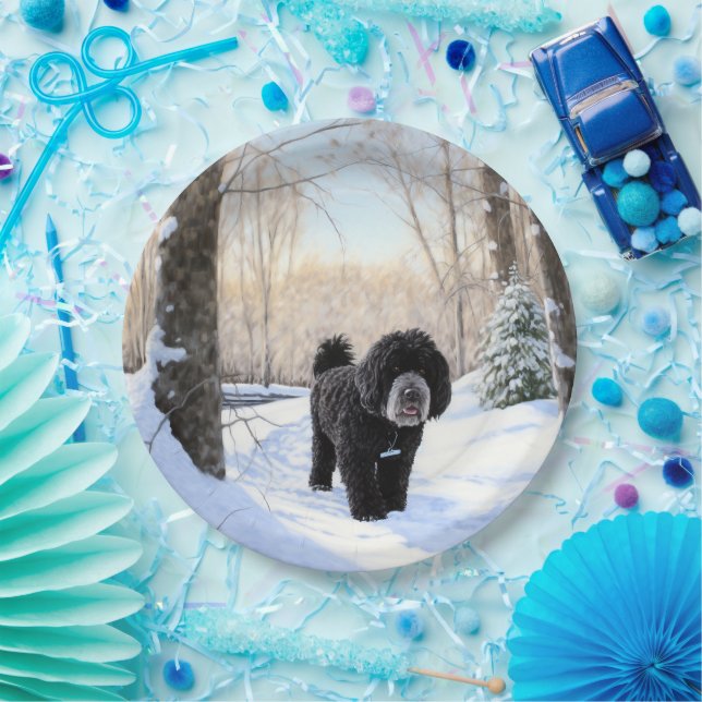 Prato De Papel Cão de Água Português Deixa-o nevar no Natal (Festa)