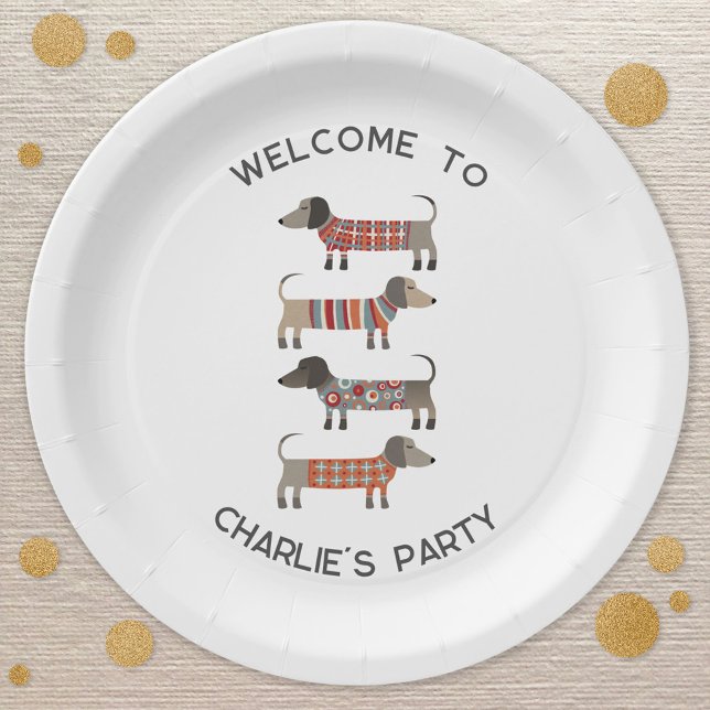 Prato De Papel Cão de linguiça de salsicha Dachshund Personalizad (Cute personalized name and message Dachshund Wiener Sausage dog party paper plates)