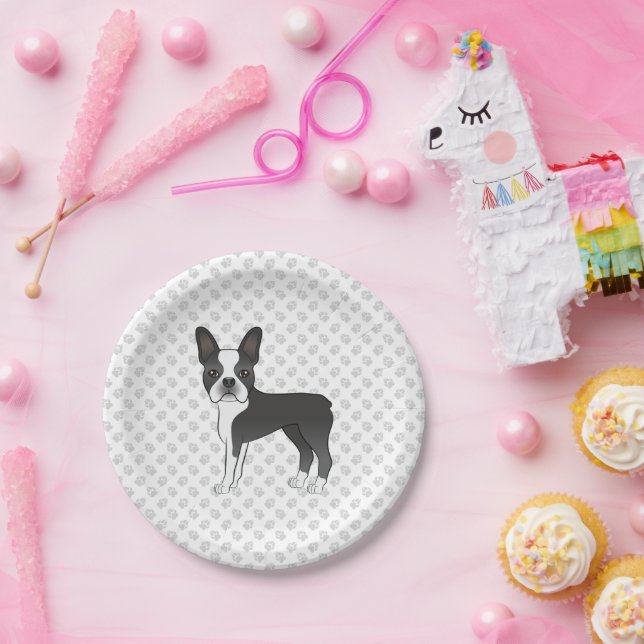 Prato De Papel Cão e patas de Cartoon Black and White Boston Terr (Festa)