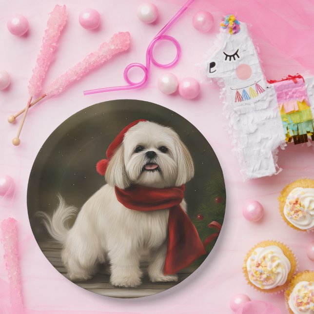 Prato De Papel Cão Lhasa Apso na Neve Natal (Festa)