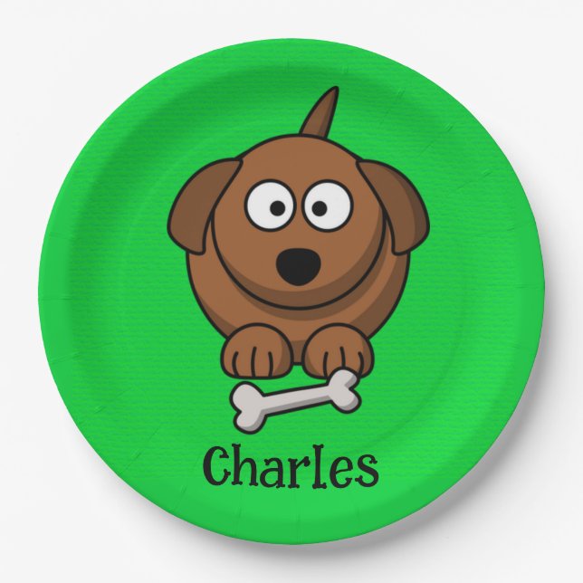Prato De Papel Cão-marrom com osso personalizado em verde (Frente)