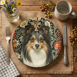 Prato De Papel Cão Pastor de Shetland Tricolor Sheltie Floral Vin