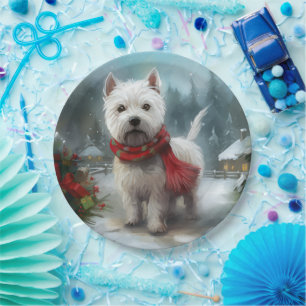 Prato De Papel Cão Terrier Branco do West Highland na Neve Natal