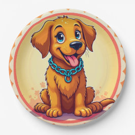 Prato De Papel Cãozinho De Cartoon Bonito Com Colar Azul