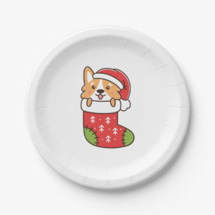 Prato De Papel Cãozinho de Corgi na meia de natal