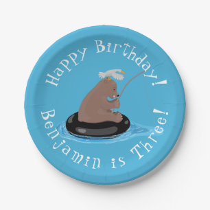Prato De Papel Cãozinho de urso bonito pescando aniversário perso