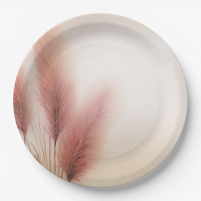 Prato De Papel Capim-das-Pampas-Rosa Casamento Boêmio Boho (Frente)