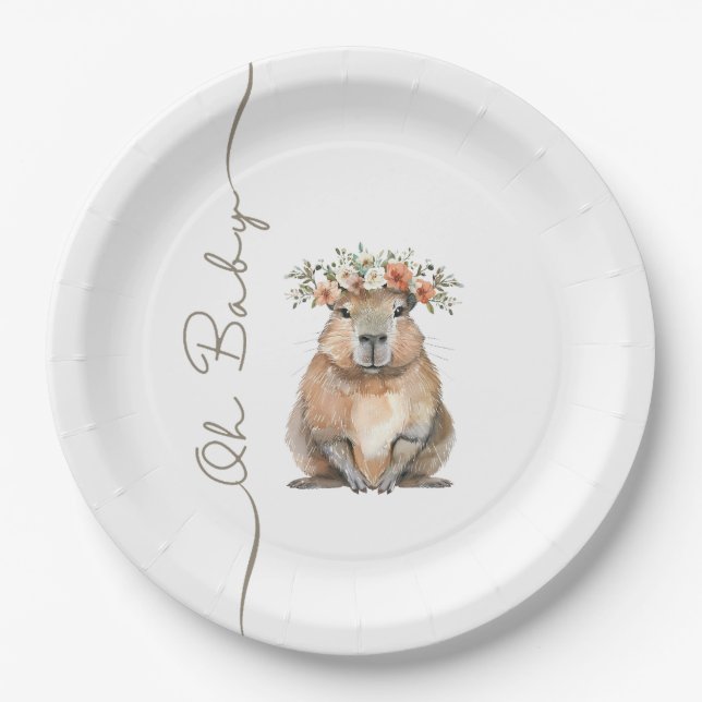 Prato De Papel Capybara Baby Shower • Oh Baby Wildflower (Frente)