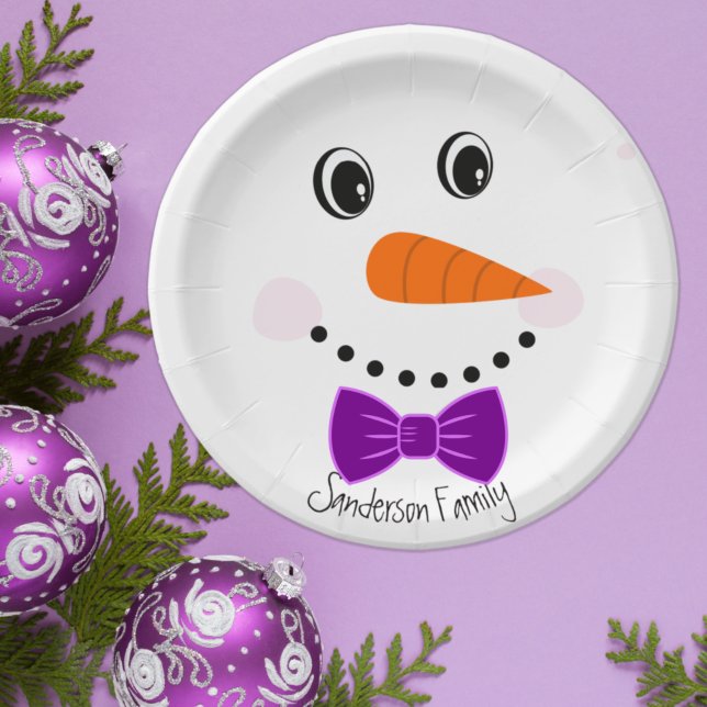 Prato De Papel Cara Feliz Personalizado Snowman Purple Bowtie (Criador carregado)