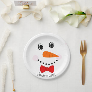 Prato De Papel Cara Feliz Personalizado Snowman Red Bowtie