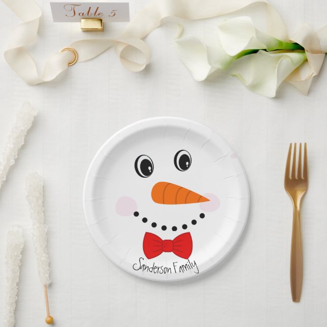 Prato De Papel Cara Feliz Personalizado Snowman Red Bowtie (Casamento)