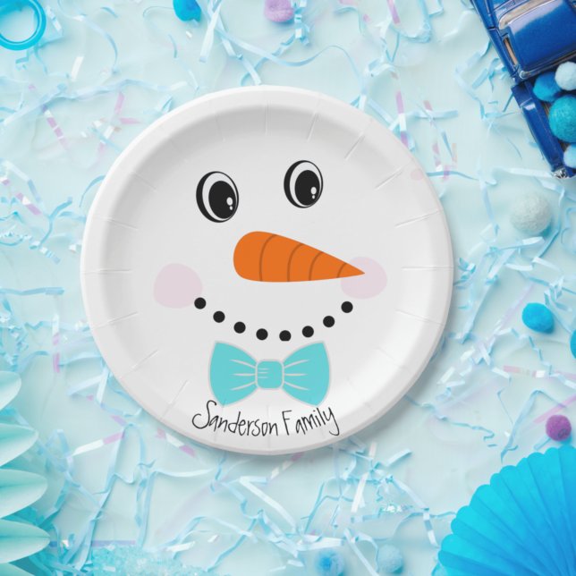 Prato De Papel Cara Feliz Personalizado Snowman Teal Blue Bowtie (Criador carregado)