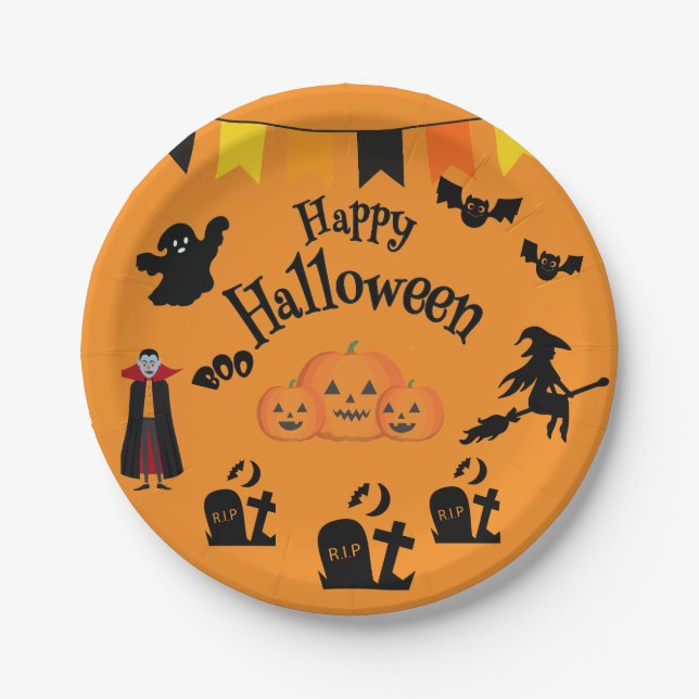 Prato De Papel Caracteres Felizes de Halloween e Halloween (Frente)