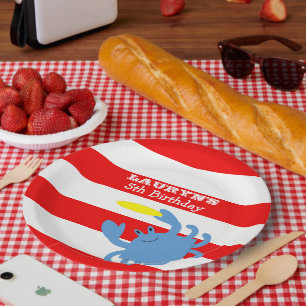 Prato De Papel Caranguejo azul náutico vermelho personalizado