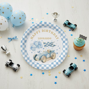 Prato De Papel Carro de Corrida Azul Aquarela Menino Primeiro Ani