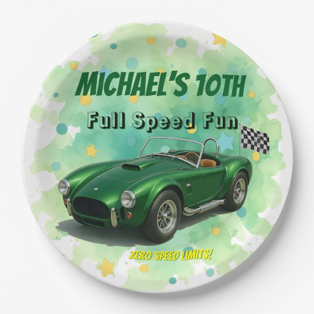 Prato De Papel Carro Festa de aniversário Verde de 10 anos (Frente)