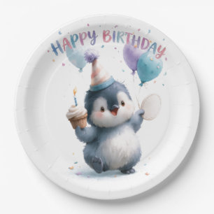 Prato De Papel Cartão de Aniversário de Bebê Pinguim em Aquarela