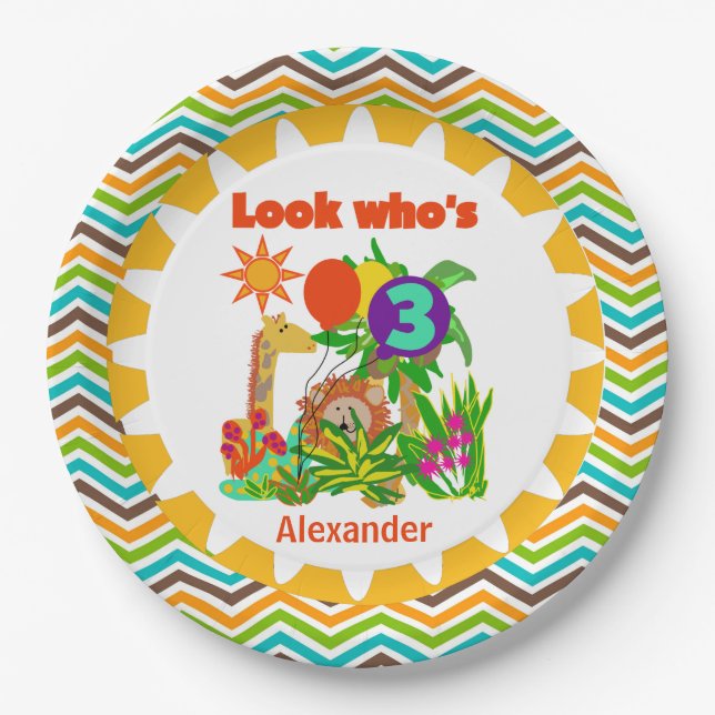 Prato De Papel Cartão de Aniversário Feliz e Personalizado Safari (Frente)