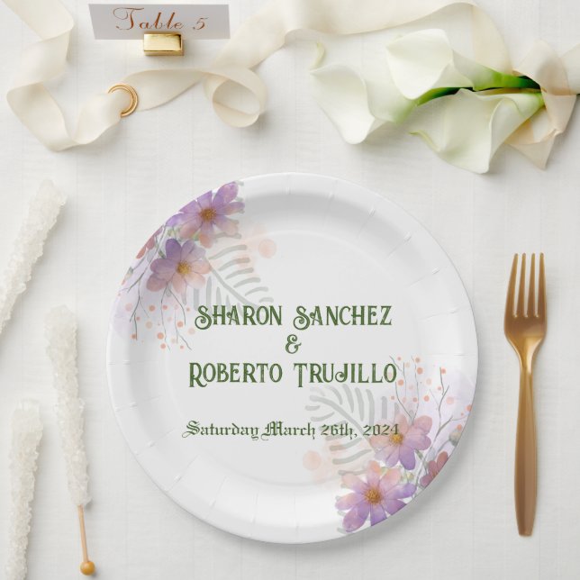 Prato De Papel Cartão de Flores Roxo (Casamento)