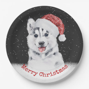 Prato De Papel Cartão de Husky de Natal em Flocos de Neve