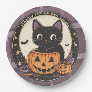 Prato De Papel Cartão de Outono de Gatinho Fofo de Halloween