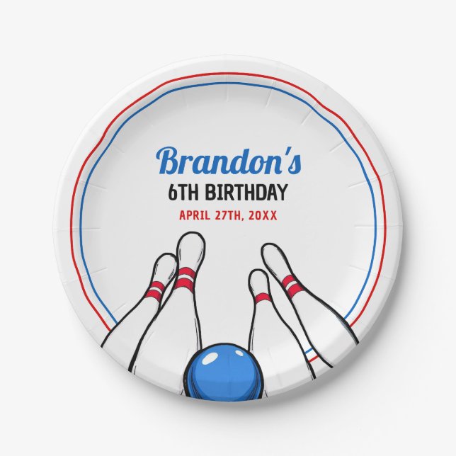 Prato De Papel Cartoon Blue & Red Boliche Kids 6 de aniversário (Frente)