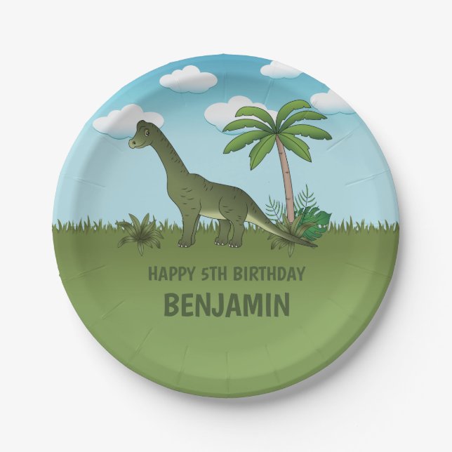 Prato De Papel Cartoon Brachiosaurus Dinossauro Aniversário Infan (Frente)