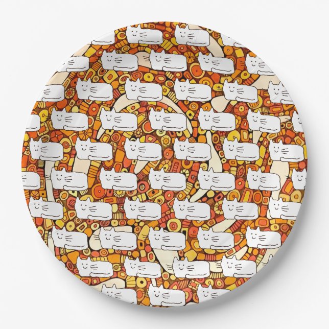 Prato De Papel Cartoon Cats Doodle Line Drawing (Frente)