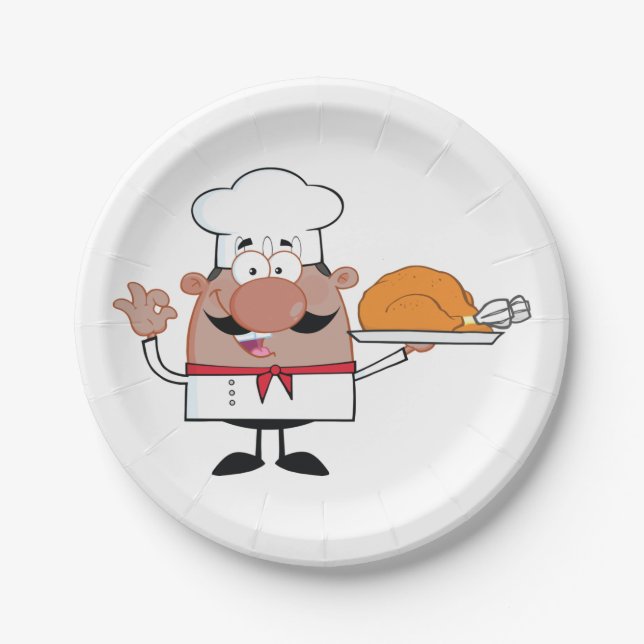 Prato De Papel Cartoon Chef Holding Roast Turkey (Frente)