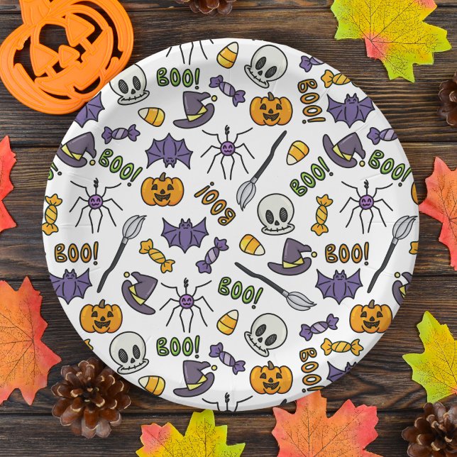 Prato De Papel Cartoon Clássico Crianças de Festa de Halloween (Make your kids' Halloween party memorable with our Halloween classic cartoon-themed paper plates)