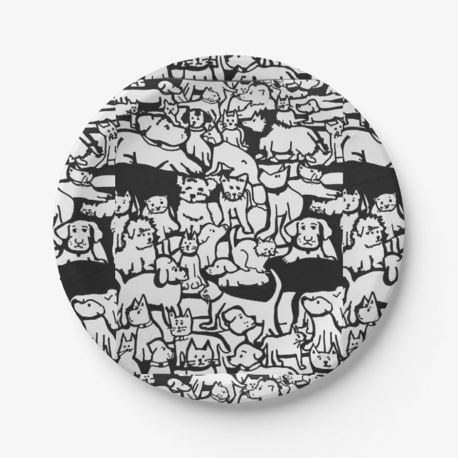 Prato De Papel Cartoon de cães e gatos" placas de papel (Frente)