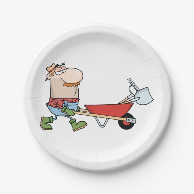 Prato De Papel Cartoon Farmer com Wheelbarrow e Ferramentas (Frente)