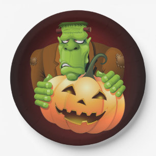 Prato De Papel Cartoon Frankenstein Monster com Pumpkin