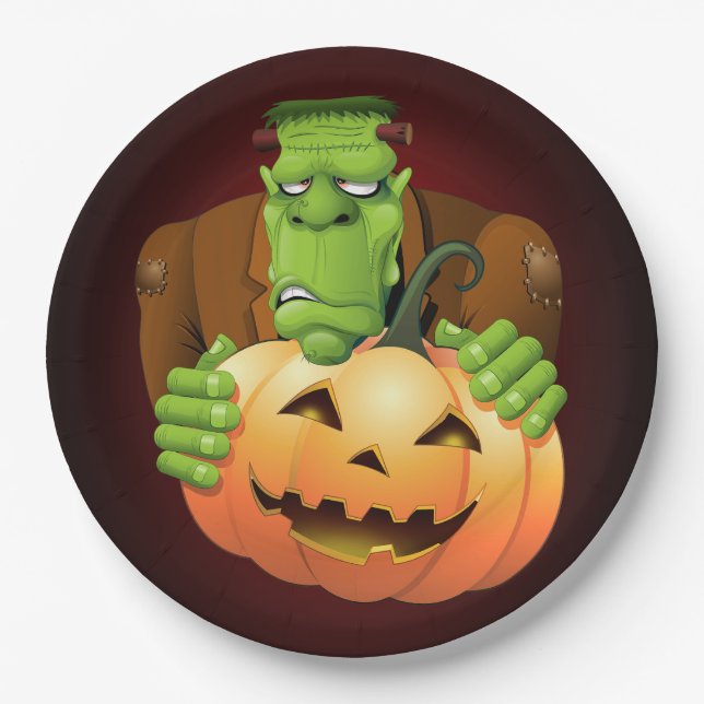 Prato De Papel Cartoon Frankenstein Monster com Pumpkin (Frente)