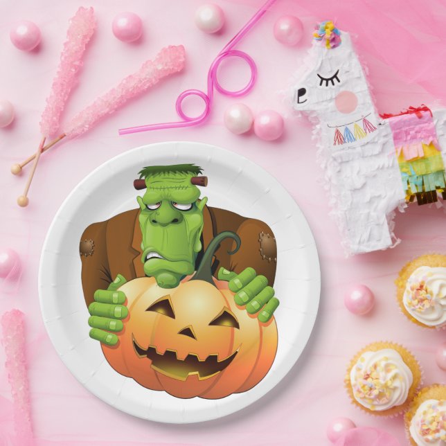 Prato De Papel Cartoon Frankenstein Monster com Pumpkin (Festa)