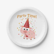 Cartoon Pink Pig, tempo de festa, com confete e ch