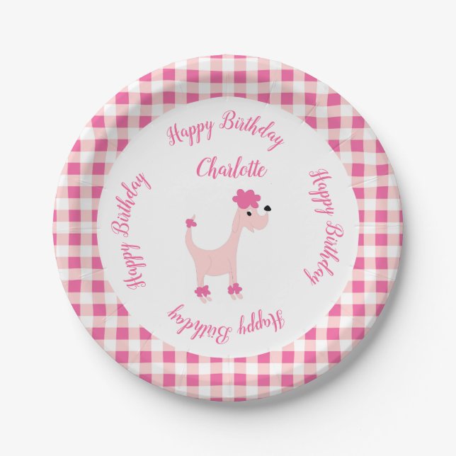 Prato De Papel Cartoon poodle rosa Posh Paws aniversário gingham (Frente)
