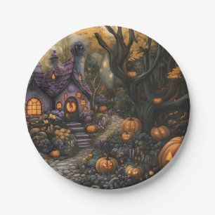 Prato De Papel Casa Adorável e Pumpkin do Halloween