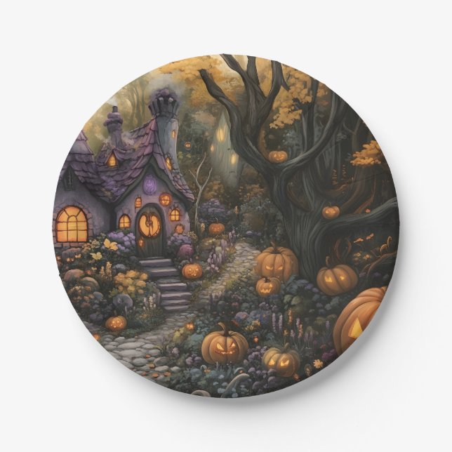 Prato De Papel Casa Adorável e Pumpkin do Halloween (Frente)
