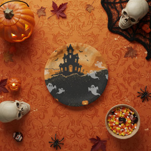 Prato De Papel Casa Assombrada de Halloween com Brilho Dourado La