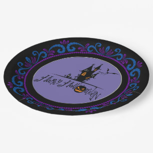 Prato De Papel Casa Assombrada de Halloween Purple Azul