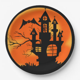 Prato De Papel Casa Assombrada - Dia das Bruxas Laranja