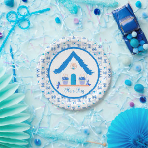 Prato De Papel Casa Azul Personalizada É um Chá de fraldas
