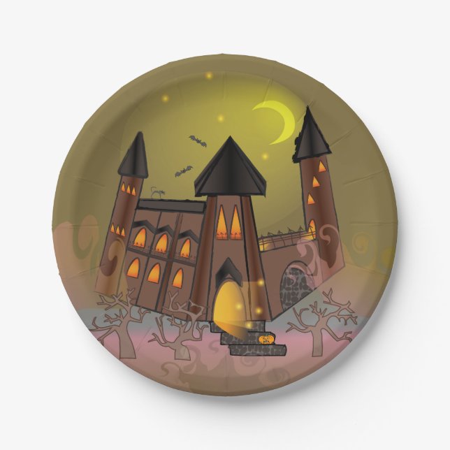 Prato De Papel Casa de bruxa assustadora de Halloween e castelo d (Frente)