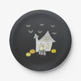 Prato De Papel Casa De Halloween, Gatos Pretos, Morcegos