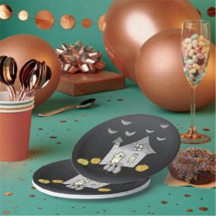 Prato De Papel Casa De Halloween, Gatos Pretos, Morcegos