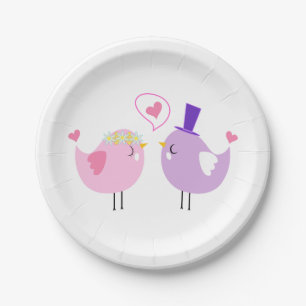 Prato De Papel Casais de Pássaros Rosa e Roxo Casamento, Amor de