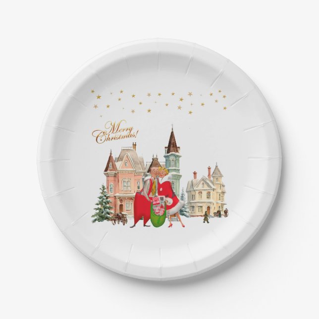 Prato De Papel casal de 1950 Feliz Natal (Frente)