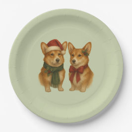 Prato De Papel Casal de Corgi Elegante Natal Verde Sage
